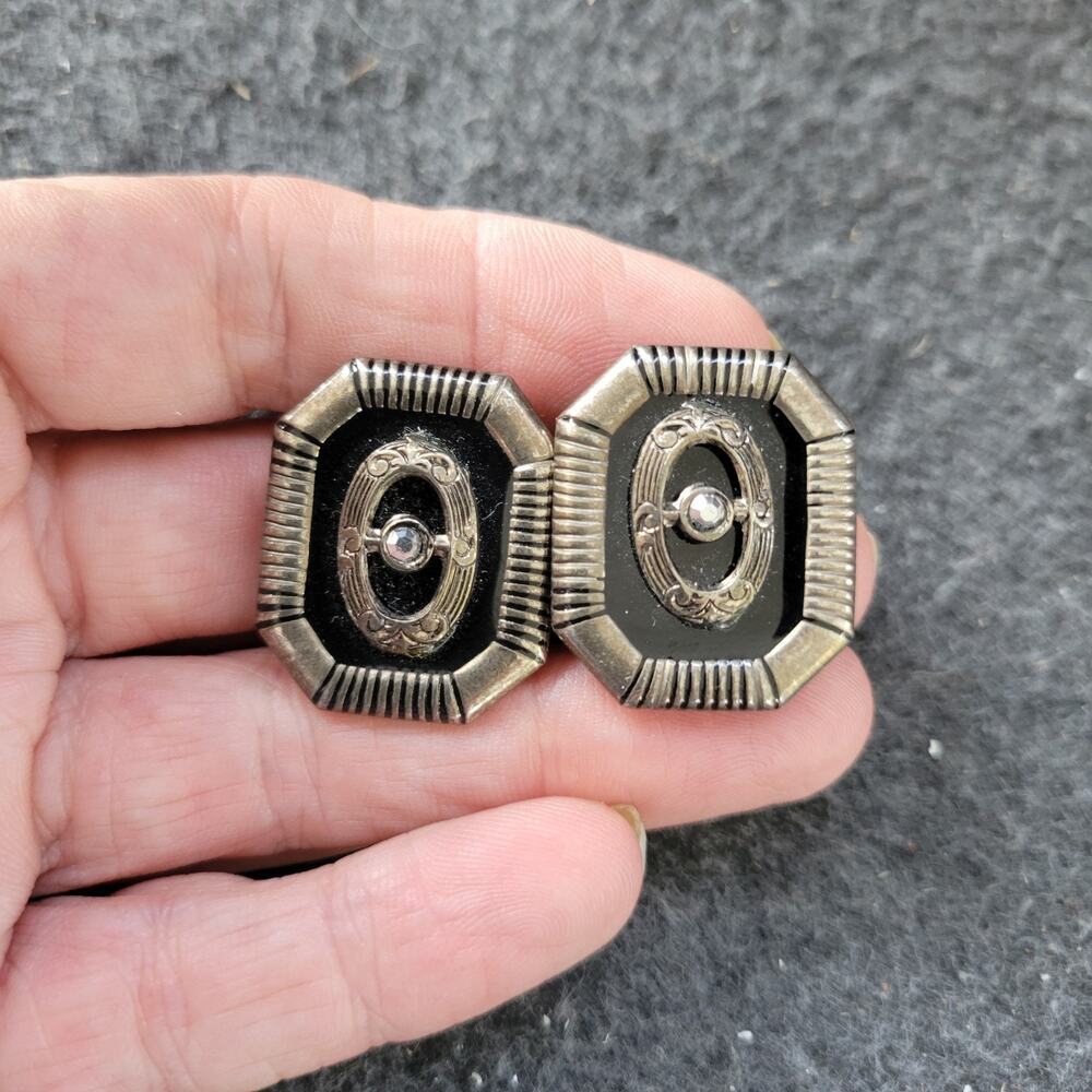 Vintage Art Deco Cufflinks Silver Tone Black Enamel‎ Glass Centerpiece Geometric